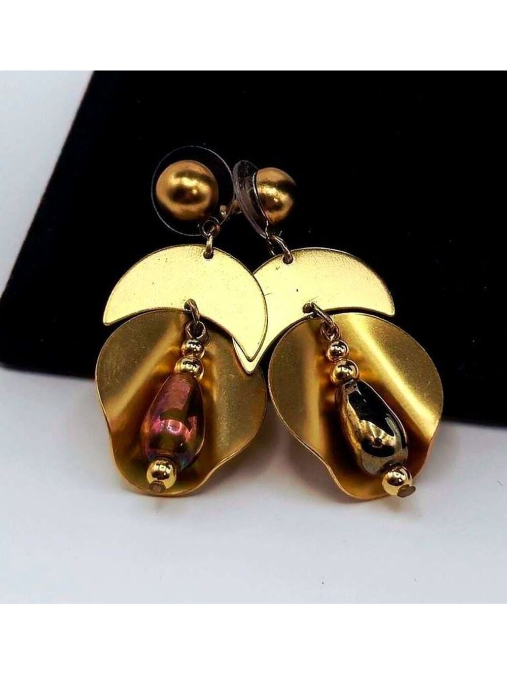 Statement Gold Tone Teardrop Dangle Earrings with Iridescent Beads